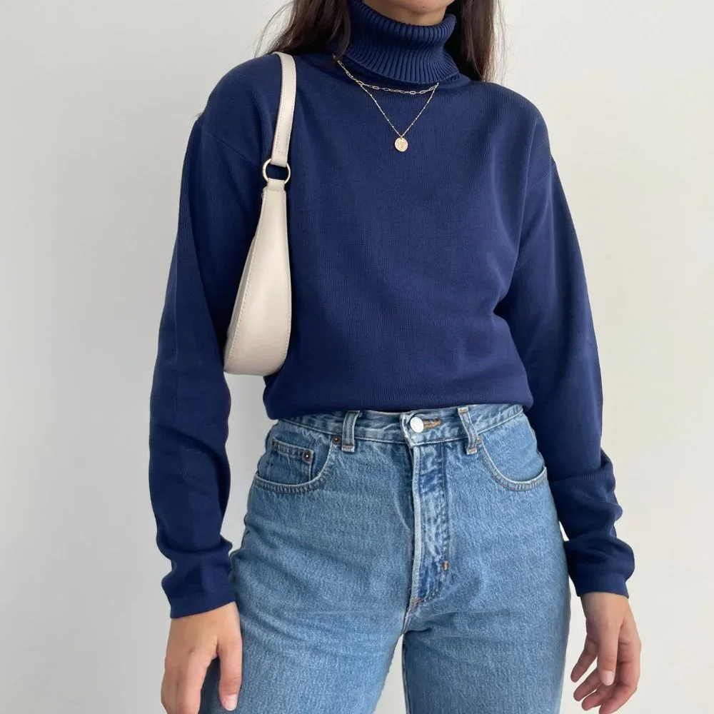 Vintage Belford 100% silk knit long sleeve turtleneck sweater in navy blue L - Picture 2 of 11